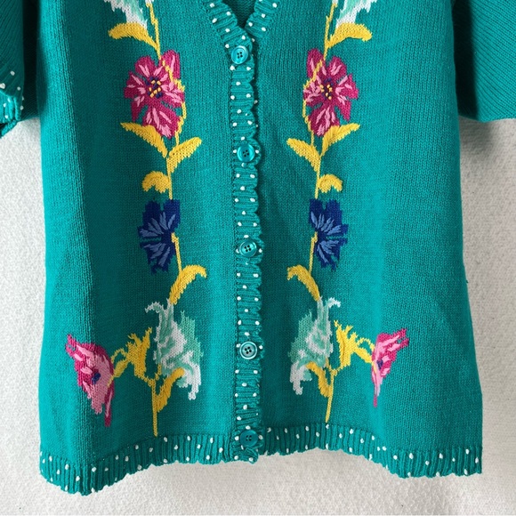 Vintage Sweater XL Lucia Cardigan Teal Green Knit Embroidered Floral Scalloped - Picture 3 of 16